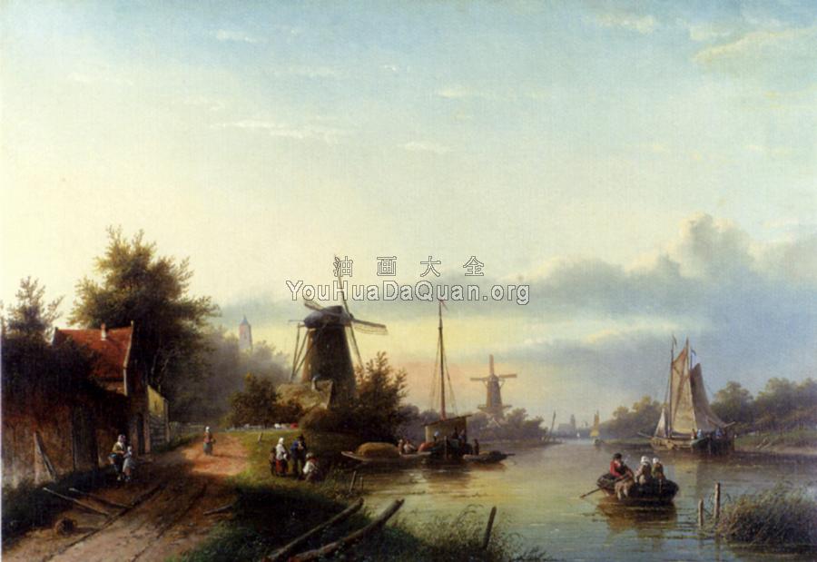Boats On A Dutch Canal - 扬·雅各布·柯恩拉德·施普勒